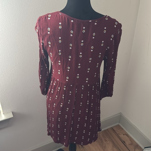 Entro burgundy 3/4 sleeves split collar ties tassels Boho dress Sz S - Picture 5 of 7